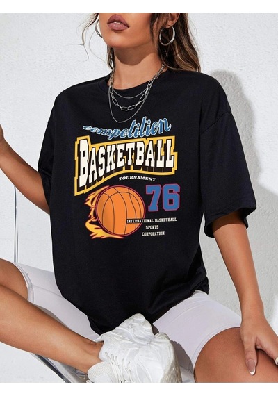 Flood Of Style Kadın Siyah Basketball Tournament Baskılı Oversize Tişört