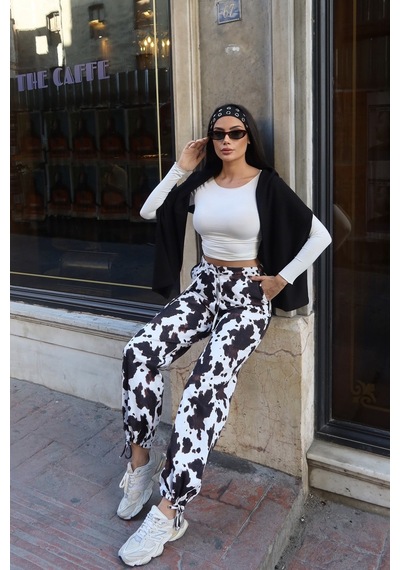 Kechi Woman Kadın Gabardin İnek Desenli Beli Lastikli Jogger Pantolon Kw3166