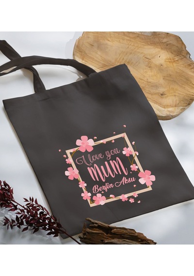 Bk Gift Kişiye Özel İsimli Anneler Günü Tasarımlı Antrasit Kumaş Bez Çanta, Baskılı Omuz Çantası, Alışveriş Çantası, Anneler Günü Hediyesi, Anneye Hediye-7 Sarı