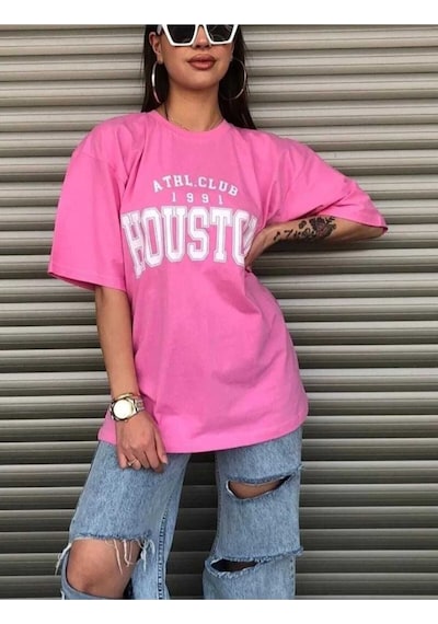 Kozia Outdoors Malkoçbey Houston Baskılı Oversize Unisex Basic T-sihirt Pembe