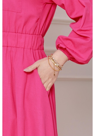 Sevitli Beli Lastik Detaylı Yasemin Elbise-pembe-4822 Pembe