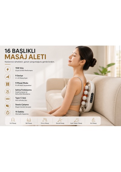 16 Başlıklı Isıtmalı Masaj Aleti 9 Seviye 9 Mod Sıcak Kompres Type-c Şarjlı Dijital Ekranlı Tüm Vücut Masaj Cihazı Beyaz