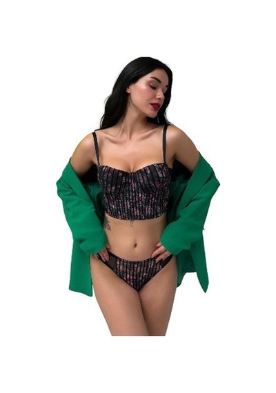 Onsekiz18shop Destekli Güllü Ten Rengi Çiçek Baskılı Büstiyer Takım Siyah