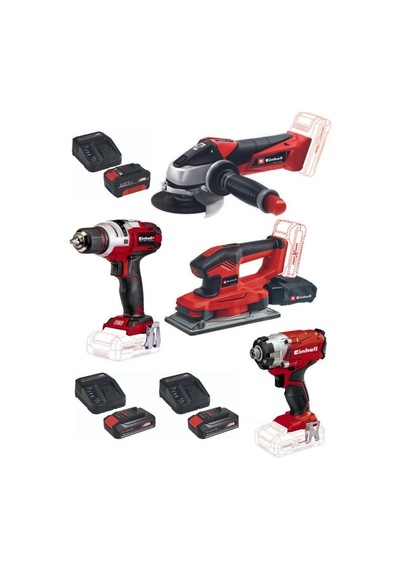 Einhell TE-CI 18/1 Vidalama + TE-OS 18/230 Zımpara Makinesi + TE-CD 18'li Matkap + TE-AG 18/115 Taşlama 2 x 2.5 Ah Akü + 4.0 Ah Akü Set