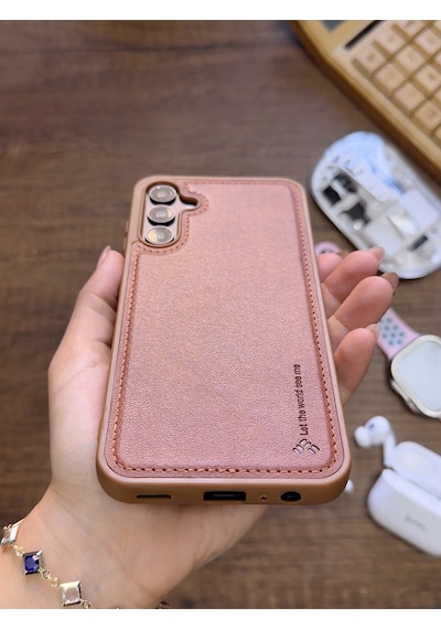 Samsung Galaxy A25 Uyumlu Premium Deri Dokulu Darbelere Karşı Dayanıklı Nazal Silikon Kılıf Kahverengi