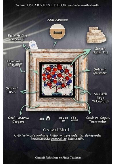 Oscar Stone Decor Çerçeveli Taş Tablo Duvar Dekoru 20x20cm 4'lü Set Deniz Kabuğu Seti Shell 4-4cdd-190