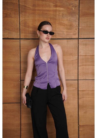 Verymoda Fermuarlı Saten Yelek Vmd2952 Lila