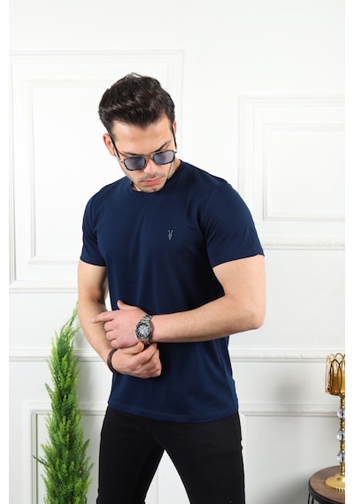 Erkek Lacivert Slim Fit Bisiklet Yaka %100 Pamuk Tişört Kzk-lc Lacivert