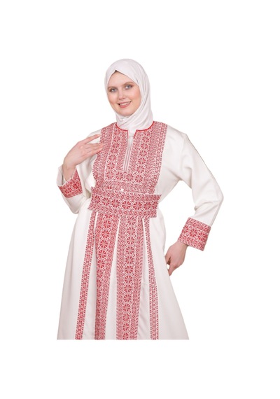 Zaytoon Beyaz Rengi Kırmızı Güller Filistin Geleneksel Nakışlı Elbise C100056 Beyaz