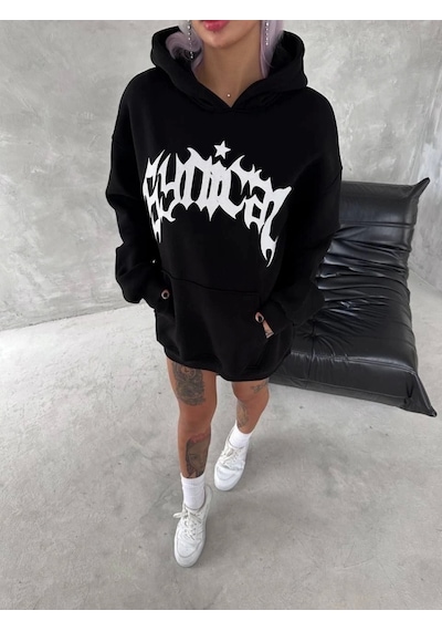 Unisex Üç İplik Kapşonlu Baskılı Sweatshirt - Siyah Siyah