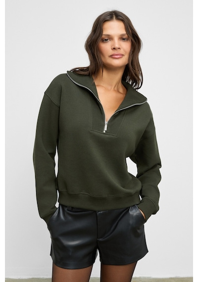 Grimelange Endora Kadın Yumuşak Polarlı Kumaşlı Yakası Fermuarlı Regular Haki Sweatshirt Haki