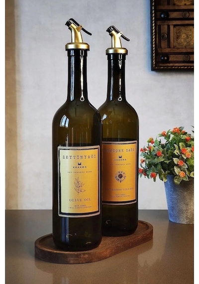 Khakma Ahşap Standlı Zeytinyağı Sıvıyağ Şişesi Yağdanlık 2'li Amber - Gold 750 ML