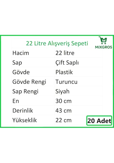 Plastik Market Alışveriş El Sepeti 22 Litre Turuncu 20 Adet Turuncu