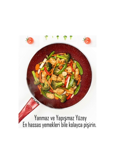 Bonetti Granit Kırmızı Wok Tava 26 Cm Yapışmaz Yüzey Kırmızı
