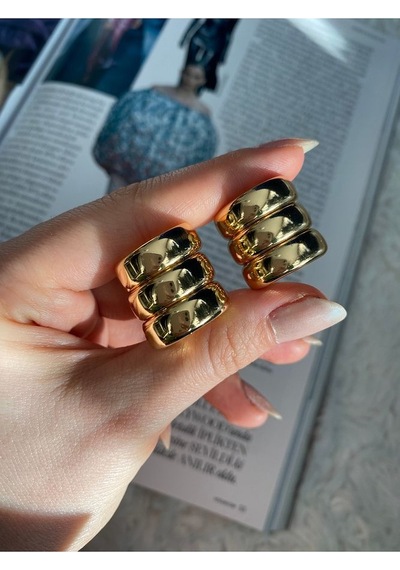 Pinery Jewels 3 Sıra Halka Altın Kaplama Küpe Çifti Altın