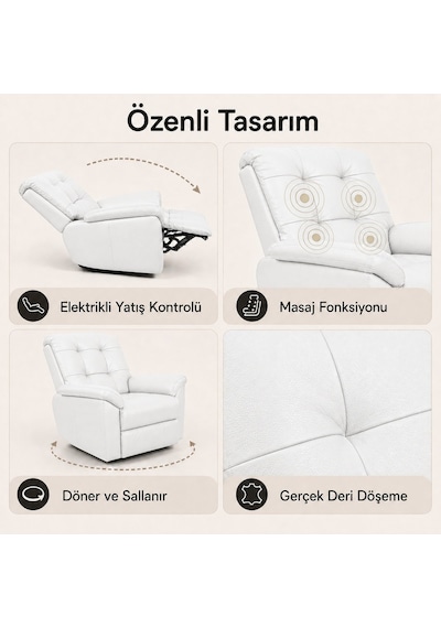 Smarto Relax Basel Elektrikli Masajlı Döner Sallanan Tv Koltuğu Kontrol Panelli Ergonomik Gerçek Deri Baba Koltuğu Beyaz