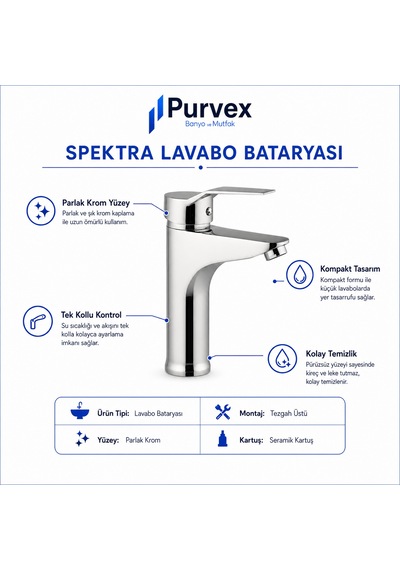 Spektra Yüksek Lavabo Bataryası - Çanak Lavabo İçin Uzun Musluk, Krom Kaplama Pirinç Gövde Lüks Banyo Bataryası