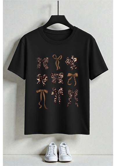 Uyguntarz Unisex Leopar Desenli Kurdeleler Baskılı Tasarım Tshirt Siyah