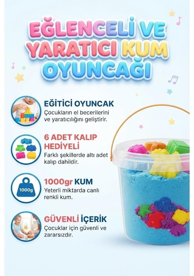 6 Kalıp Hediyeli Kinetik Oyun Kumu Kolay Temizlenen Parlak Kurumayan Güvenli Eğitici Oyuncak Kum Turkuaz