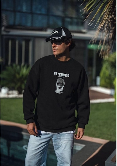 Efnaz Style Kışlık Bisiklet Yaka Baskılı Sweatshirt - Siyah