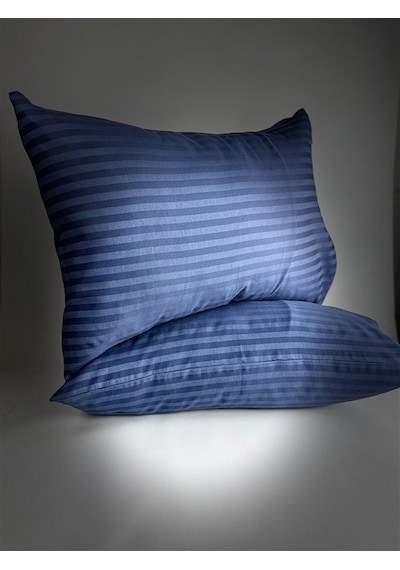 Çizgili Saten Indigo Mavi 2 Adet 50x70 Yastık Kılıfı Mavi