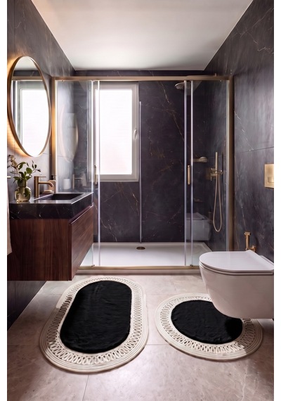 Banyo Paspası Takımı 60x100+60x60 Cm İç Trikot Siyah & Krem Siyah - Krem