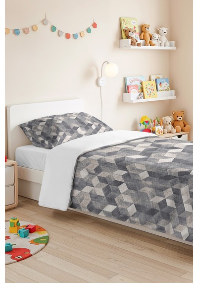 Gri Geometrik Modern Genç Odası Tek Kişilik Pike Takımı - Beyaz Küp 160x220 Cm Kapitone Yatak Örtüsü Altın
