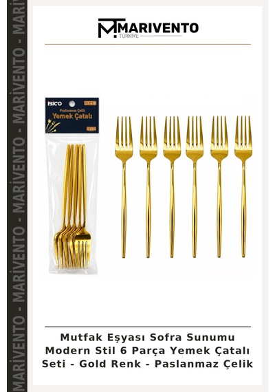 Mutfak Eşyası Sofra Sunumu Modern Stil 6 Parça Yemek Çatalı Seti - Gold Renk - Paslanmaz Çelik Çok Renkli
