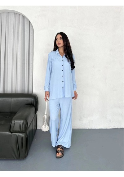 Freedom Store Yakalı Düğmeli Uzun Kollu Gömlek Pantolon İkili Takım - Bebek Mavisi Mavi