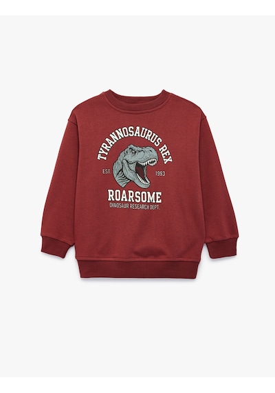 Koton Dinozor Baskılı Bisiklet Yaka Uzun Kollu Sweatshirt Bordo 7wkb10182tk
