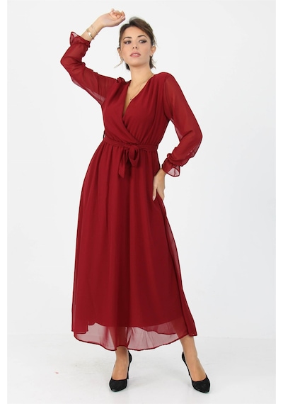 Neşeli Butik Kadın Kruvaze Yaka Bağlama Detaylı Yeni Sezon Uzun Şifon Elbise Kts003 Bordo