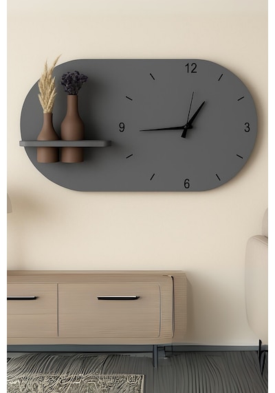 Modern Tasarım Raflı Nera Duvar Saati 75x45 Gri