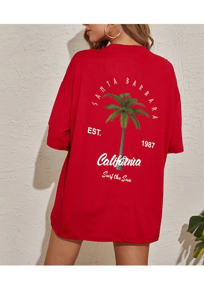 Uyguntarz California Baskılı Unisex Oversize Tshirt Kırmızı