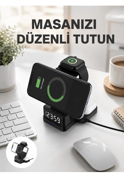Mey İthalat Dijital Saatli Kablosuz Şarj İstasyonu 3 Ü 1 Arada Uyumlu Hızlı Şarj Ve Led Ekran Yen