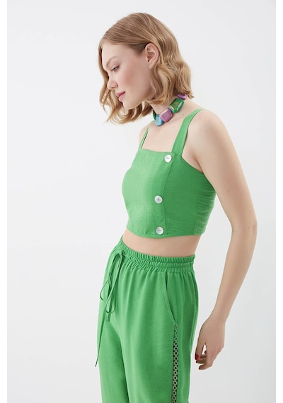 Vitrin Sedef Düğmeli Sırtı Gipeli Crop Bluz YEŞİL
