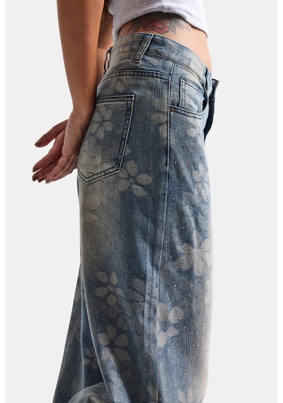 Kadın Mavi Baggy Fit T12t Özel Desenli Kumaş Parlak Taşlı Tasarım Denim Jean