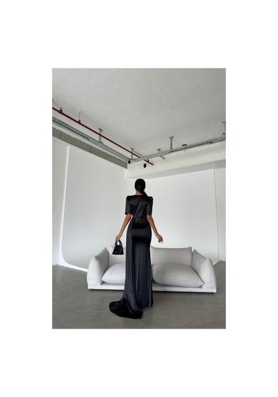 DefyModa Kadın Saten Kumaş Kruvaze Yaka Abiye Elbise Siyah