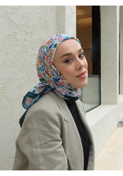 Moda Kaşmir Modern Flora Desen Bambu Eşarp Zümrüt-beyaz