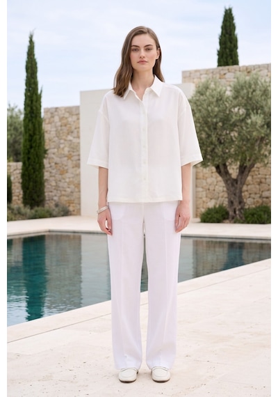 Kadın Beyaz Oversize Keten Görünümlü Gömlek Kısa Kollu Düğmeli Rahat Kalıp Yazlık Gömlek Basic Bluz
