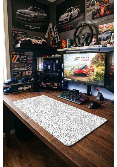 Beyaz Siyah Topografik Harita 40x90 Cm Oyuncu Mousepad Kaymaz Taban Büyük Boy Mousepad