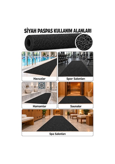 Hortumtech Kıvırcık Paspas Kir Tutucu Pvc Kapı Önü İç Dış Mekan Eko 12 Mm - Siyah 100 X 500 Cm