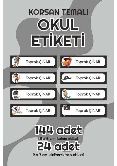 Korsan Temalı Isimli Okul Etiketi Defter Kitap Kalem Sticker Seti