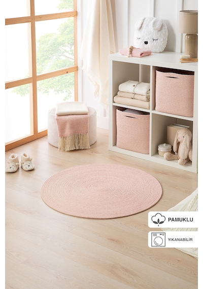 Ocean Home Textile Yıkanabilir Pembe Kırçıllı Pamuklu Halı Kilim 80 cm çap