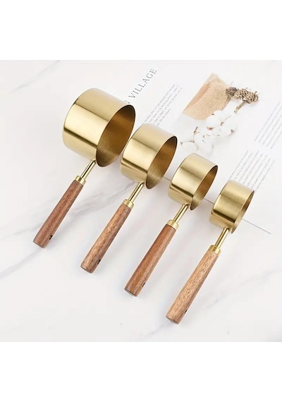 Valkyrie 4 Adet Büyük Boy Paslanmaz Çelik Ahşap Saplı Ölçü Kaşığı Seti Ölçü Kabı 60ml 80ml 125ml 250ml Altın