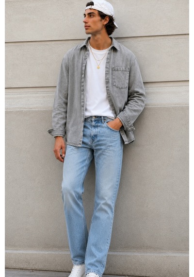 Cool Tarz Erkek Regular Denim Gömlek Yıkamalı Kot Uzun Kollu Cepli Jean Gömlek Gri Gri