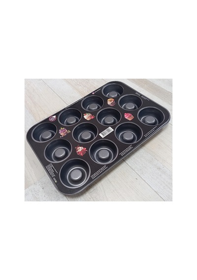 12'li Teflon Kaplama Yapışmaz Çelik Muffin Kek Kalıbı Siyah