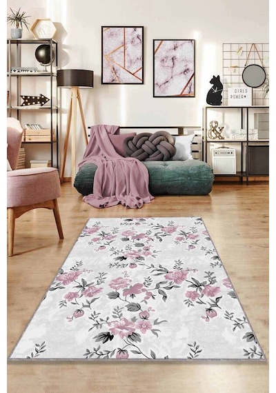 Pembe Çiçekli Kaymaz Tabanlı Makinede Yıkanabilir Halı Bh007n11