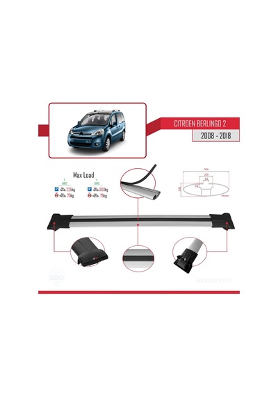 Citroen Berlingo 2008-2018 Arası İle Uyumlu Fly Model Ara Atkı Tavan Barı Gri 3 Adet Bar