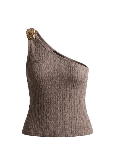 Cottonhıll Premium - Tide Collection Vizon Tek Omuz Çiçek Aksesuarlı Bürümcük Dokulu Kadın Crop Bluz VİZON
