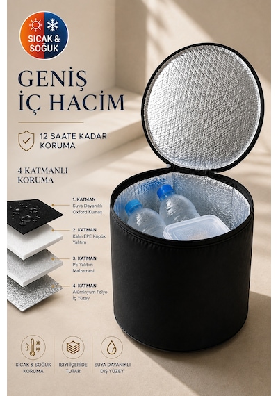 Termos Çanta Isı Yalıtımlı Soğuk Sıcak Tutucu Piknik Kamp Plaj Yiyecek İçecek Taşıma Çantası 20 Litre Siyah